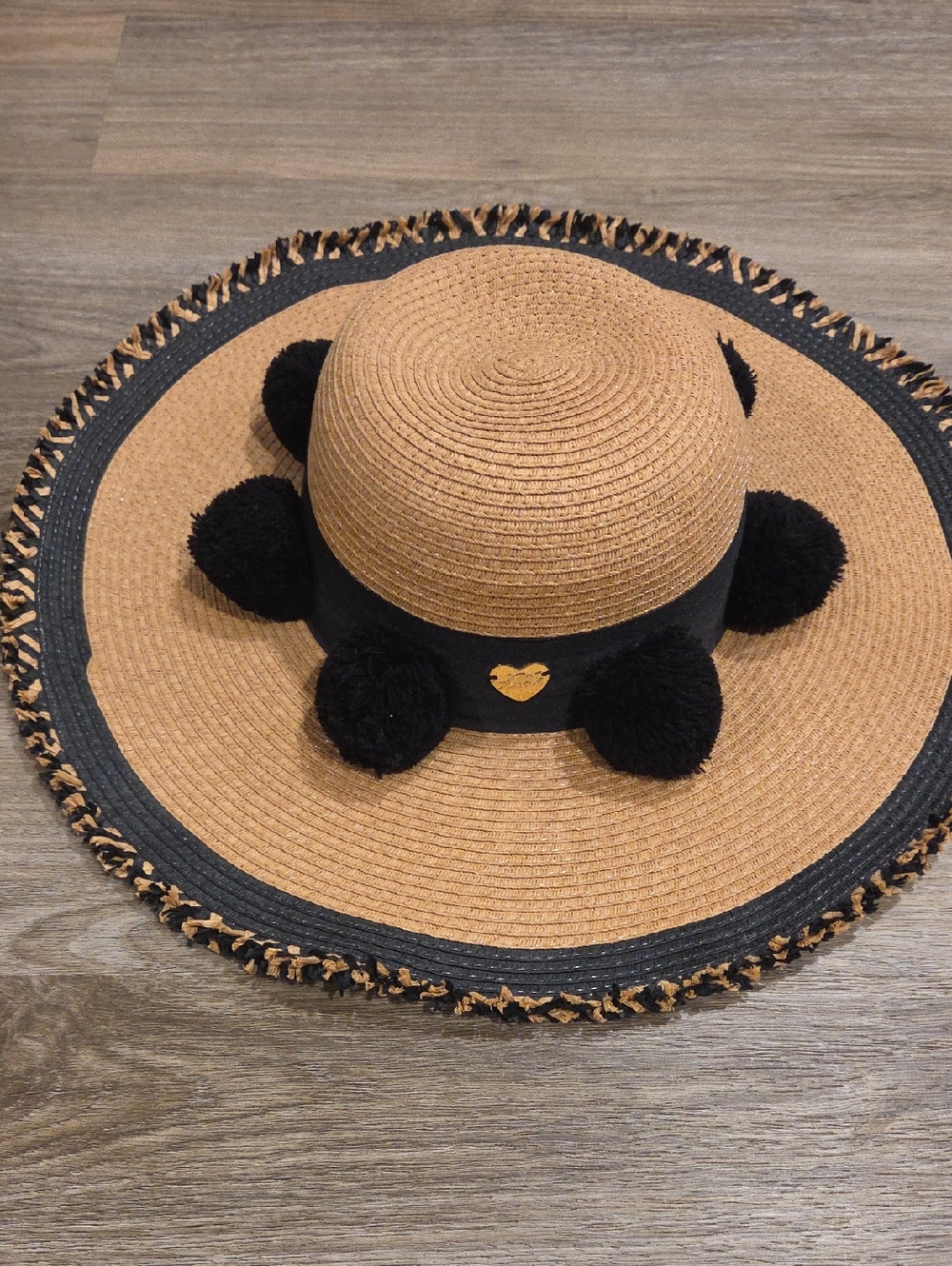 Betsey Johnson Tan & Black Wide-Brim Straw Hat with Pom-Poms